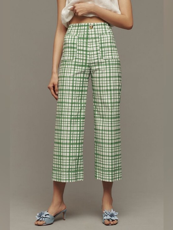 Maeve Pants - Maeve by Anthropologie The Colette Green Plaid Wide Leg Crop Pants Size 27